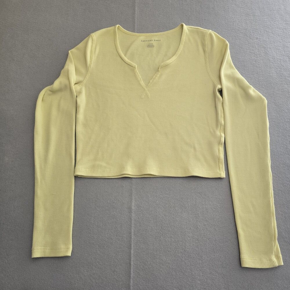 American Eagle Top Womens S Yellow Notch Neck Cropped Waffle Knit Long Sleeve